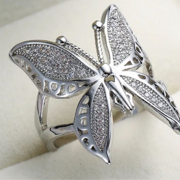 Silver Butterfly Ring Cubic Zirconia Adjustable - Picture 3 of 5